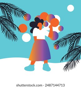 Hello Summer. Woman on the beach, car, skate, bike. Vector set illustration	
