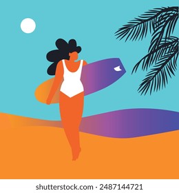 Hello Summer. Woman on the beach, car, skate, bike. Vector set illustration	
