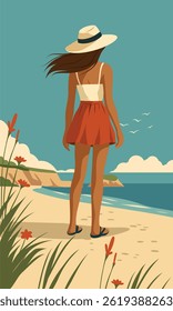 Hello summer. Woman on vacation, in a hat on the background of the sea. Girl on the beach, outdoor recreation, seagulls, mountains. Vector illustration. Use for tourism, vacation, travel projects