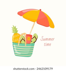 Hello summer. Women's beach bag with flip-flops, pineapple, sunscreen. Summer illustration with beach bag and umbrella