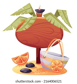 Hello summer wooden board tropical resort banner concept. Vector flat cartoon graphic design illustration