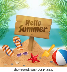 Hello summer wooden signboard on the beach and design elements. Vector illustration