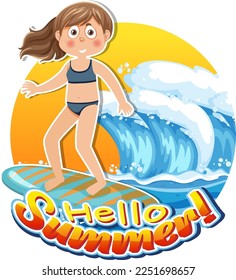 Hola palabra de verano con ilustración de caracteres de niño