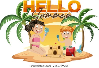 Hello summer word with kid character illustration