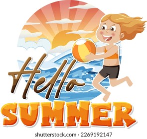 Hello summer word with kid character illustration