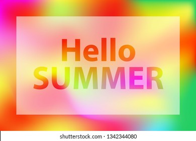 
Hello summer words on a bright red-orange and green blurred background. Poster with white translucent frame. Greeting card for summer concept.