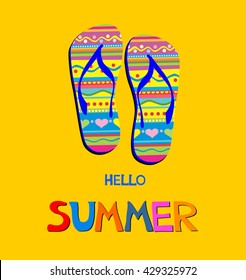 Hello Summer. Hello summer yellow background with flip-flops. Vector illustration
