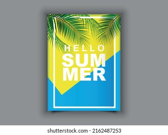 Hello summer. Yellow background with palm branch. Vector graphics.