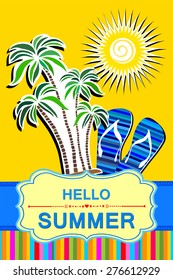 Hello Summer! Yellow background with palm trees, sun and place for your text. Vector Illustration