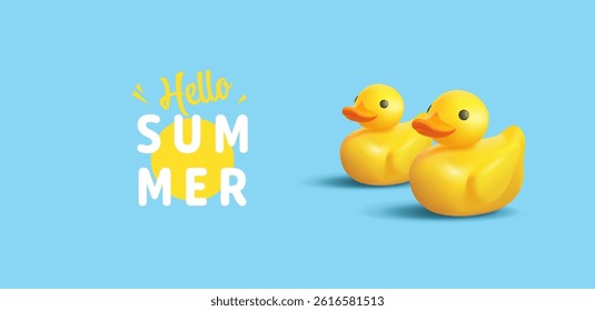Hello summer. Yellow realistic plastic ducklings floating on water. Modern banner for vacation, relaxation, and resort concepts. Vector illustration.