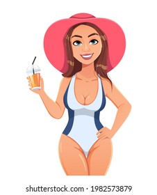 Hello summer. Young beautiful woman in swimsuit having a rest. Cute lady cartoon character with cocktail. Stock vector illustration on white background