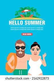 Hello summer with young couple. Time to travel design flat. Vector illustration