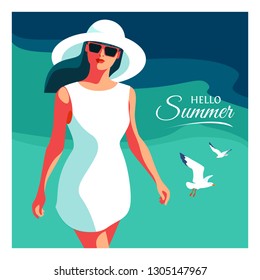 Hello Summer. Young girl in big hat and sunglasses, walking on the beach. Sea background with gulls. Vector illustration