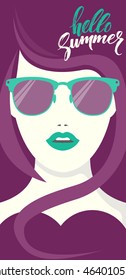 Hello summer. Young girl in glasses with curls. Banner for your design.