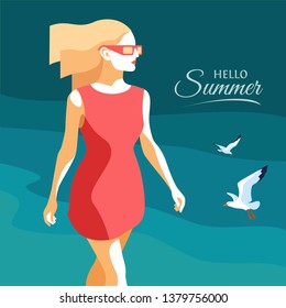 Hello Summer. Young girl in red dress and sunglasses walking on the beach. Sea background with gulls. Vector illustration