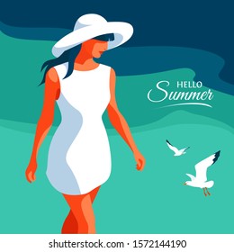Hello Summer. Young girl in white dress and big hat walking on the beach. Sea background with gulls. Vector illustration