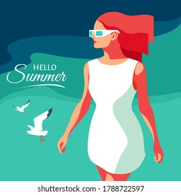 Hello Summer. Young girl in white dress and sunglasses walking on the beach. Sea background with gulls. Vector illustration