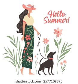 Hello Summer. Young woman in hat with her dog among blossom, cute illustration on the theme spring and summer	