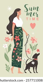 Hello Summer. Young woman in hat with her dog among blossom, cute illustration on the theme spring and summer	