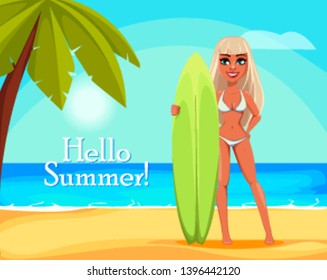 Hello summer. Young woman stands with a surfboard on the beach. Vector illustration