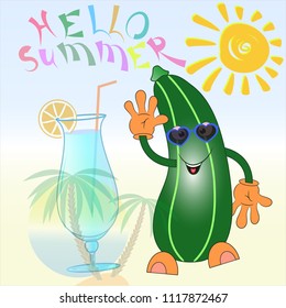 hello summer zucchini cartoon vector illustration. summer time vector poster. holidays vector poster. 
