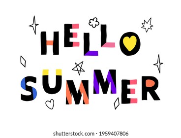 Hello summer.Bright modern lettering in the color block style with funny icons and stars.Simple trendy vector illustration.Typographic template and print, card, banner, poster.