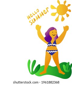 hello summer.girl on green grass and sun .vector illustration.isolated on white background