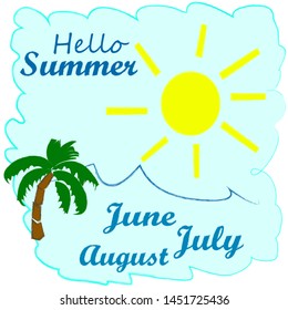 Hello Summer.holida scene with sun,palm and sea.Time to travel.Vacation.