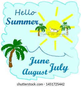 Hello Summer.holida scene with sun,palm and sea.Time to travel.Vacation.