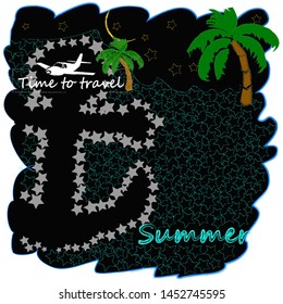 Hello Summer.Holiday scene with bin anchor,palms,moon and stars.Time to travel.Vacation.