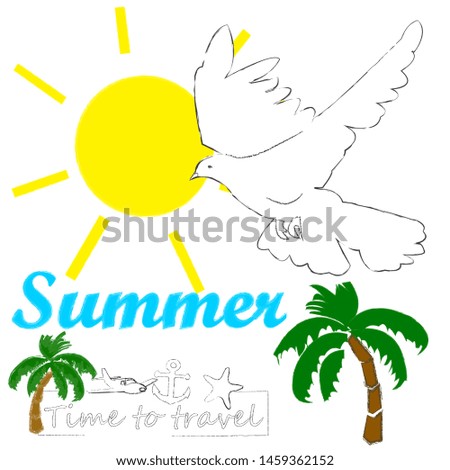 Hello Summer.Holiday scene with palms and flying pigeon.Time to travel.Time to dun.Vacation.