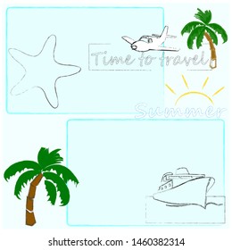 Hello Summer.Holiday scene with palms, sun and sea star.Time to travel.Time to fun.Vacation.