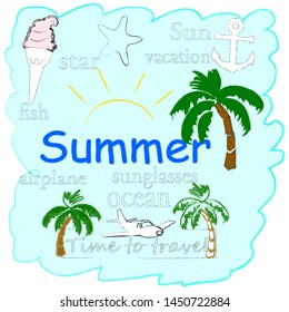 Hello Summer.Holiday scene with palms,airplane,anchor and sea star.Vacation.Time to travel