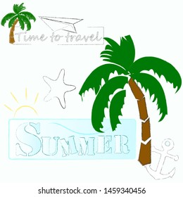 Hello Summer.Holiday scene with palms,sea star and anchor.Time to travel.Time to fun.