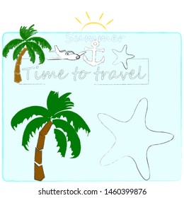 Hello Summer.Holiday scene with palms,sun and se star.Time to travel.Time for fun.Vacation.