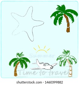 Hello Summer.Holiday scene with palms,sun and se star.Time to travel.Time for fun.Vacation.