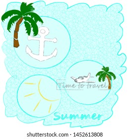 Hello Summer.Holiday scene with palm,sun and sea star.Time to travel.Vacation.