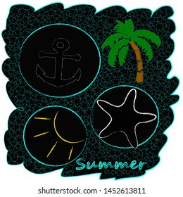 Hello Summer.Holiday scene with palm,sun and sea star.Time to travel.Vacation.