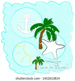 Hello Summer.Holiday scene with palm,sun and sea star.Time to travel.Vacation.