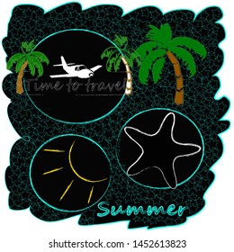 Hello Summer.Holiday scene with palm,sun and sea star.Time to travel.Vacation.