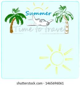 Hello Summer.Holiday scene with Sun and palm.Blue.Time to travel.Time for fun.Vacation.