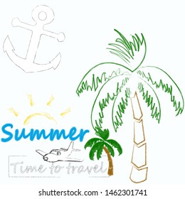 Hello Summer.Holiday scene with Sun and palm.Time to travel.Time for fun.Vacation.