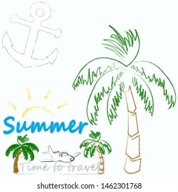 Hello Summer.Holiday scene with Sun and palm.Time to travel.Time for fun.Vacation.