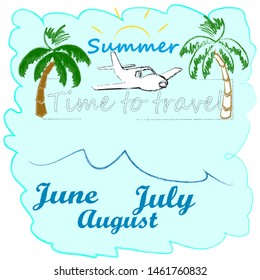Hello Summer.Holiday scene with Sun,palm and sea.Time to travel.Time for fun.Vacation.