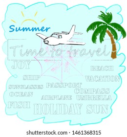 Hello Summer.Holiday scene with Sun,palms and anchor.Time to travel.Time for fun.Vacation.