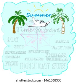 Hello Summer.Holiday scene with Sun,palms and anchor.Time to travel.Time for fun.Vacation.