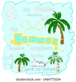 Hello Summer.Holiday scene with Sun,palms and blue sky.Time to travel.Time for fun.Vacation.
