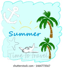 Hello Summer.Holiday scene with Sun,palms and blue sky.Time to travel.Time for fun.Vacation.