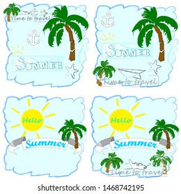 Hello Summer.Holiday scene with Sun,palms and blue sky.Time to travel.Time for fun.Vacation.