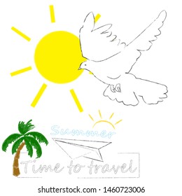 Hello Summer.Holiday scene with Sun,palms and flying pigeon.Time to travel.Time for fun.Vacation.